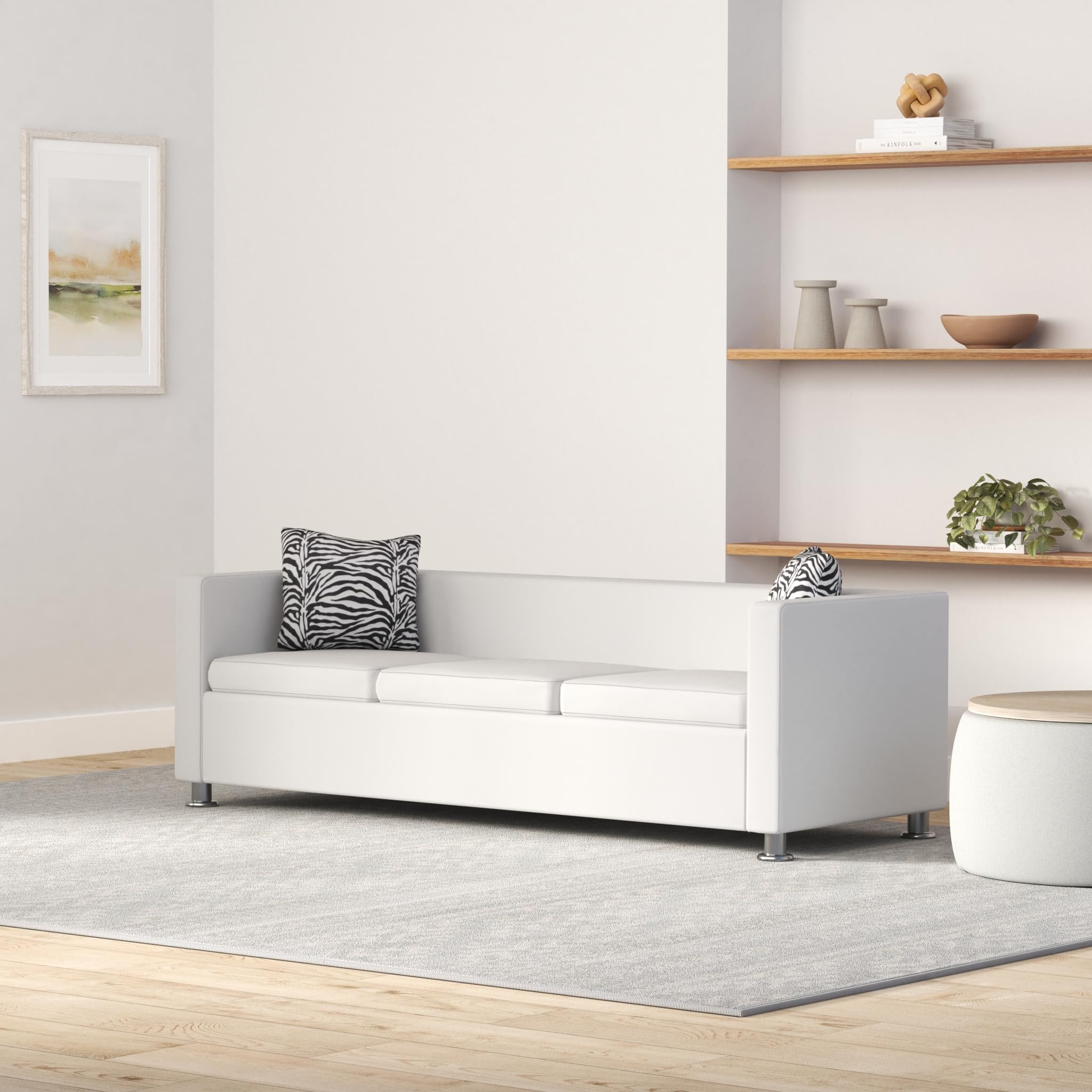 Vidaxl Sofa, Sofa Couch For Home Living Room Office, 3 Seater Sofa Settee Couch With 2 Pillows, Modern Style, Artificial Leather White